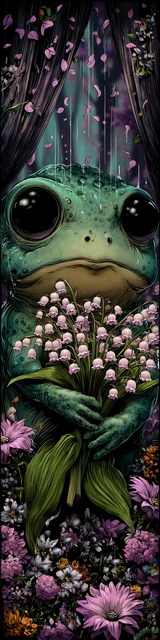 Free kawaii frog bookmark featuring kawaii green frog holding lily of the valley
